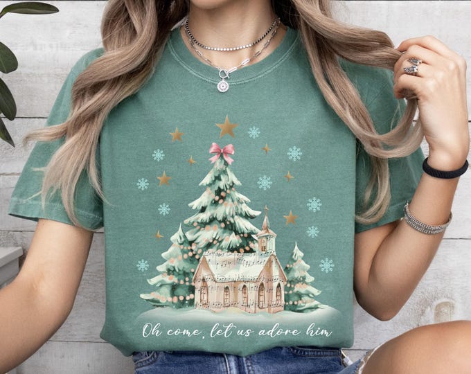 Comfort Colors® Oh Come Let Us Adore Him Shirt, Nativity Christmas Shirt, Christmas Christian Tee, Christmas Tree Coquette, Merry Christmas