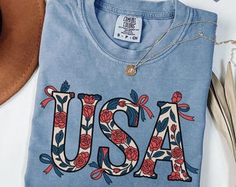 Comfort Colors® Coquette USA Shirt, 4th of July Shirt Women, Stars Stripes USA Flag Shirts, Floral Patriotic Shirt, Red White Blue