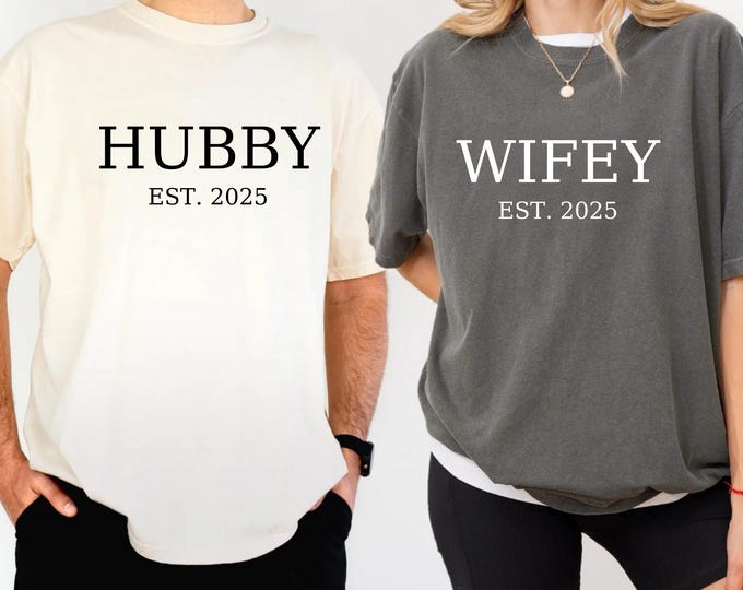 Custom Comfort Colors® Hubby & Wifey Shirt, Personalized Engagement Gift For Bride, Groom Wife Tee, Honeymoon Clothes, Wedding Party Outfit
