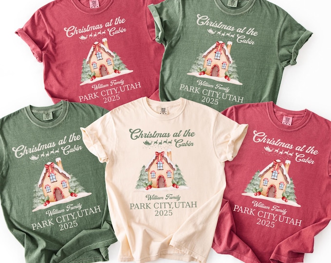 Custom Family Christmas at the Cabin Shirts, Retro Matching Group Holiday Tee, Comfort Colors® Xmas Crew, Winter Lodge Ski Vacation Tshirt
