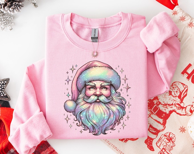 Pink Santa Retro Christmas T-Shirts Sweatshirts for Women Pink Christmas Matching Family Sweaters Pink Vintage Holiday Crewneck Group Party