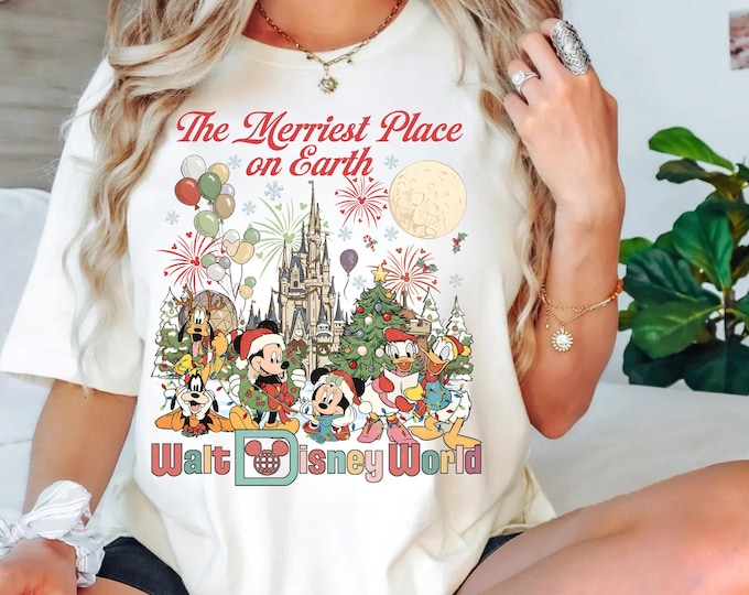 Walt Disney World Christmas Shirt, The Merriest Place On Earth Tee, Disney Family Trip Matching Shirt, Vintage Disney Holiday Christmas Tee
