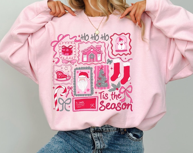 Pink Christmas Sweatshirt Tis The Season Xmas Shirt Cute Girly Holiday Womens Pullover Candy Cane Bow Santa Tee Winter Crewneck