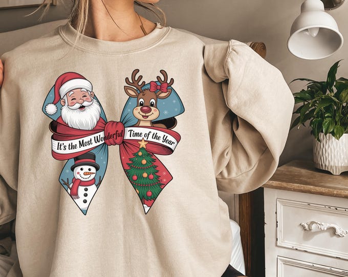 Christmas Bow Sweatshirt, Holiday Sweatshirt,Christmas Shirt,Funny Christmas Sweatshirt,Red Bow Christmas Shirt,Santa Claus Bow Shirt,xmas