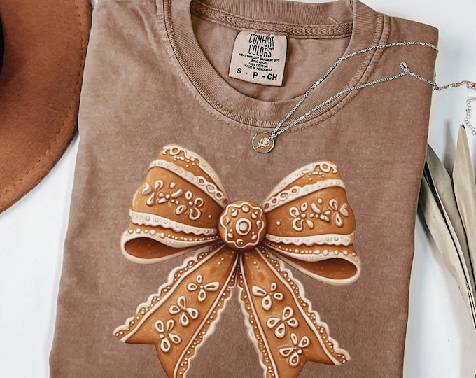 Christmas Gingerbread Bow Comfort Colors Shirt, Gingerbread Woman Shirt, Christmas Sweatshirt for Women, Christmas Coquette Gingerbread Girl