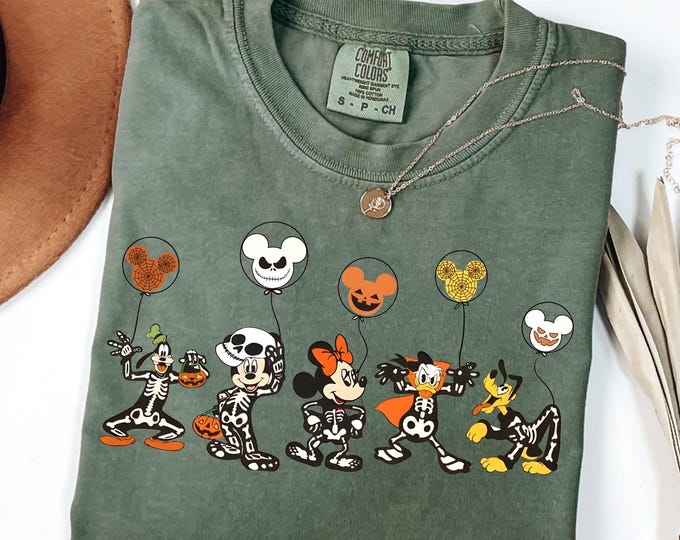 Disney Halloween Shirt, Halloween Matching Shirt, Disney Mickey and Friends Characters Halloween Balloons Tee, Disney Halloween Skeleton Tee