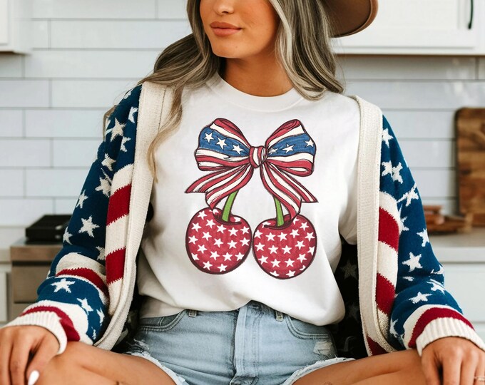 America Cherry Shirt - 4th of July Graphic Tee, Patriotic Bow T-Shirt, USA Summer Shirt, Vintage Inspired Fourth of July Tee