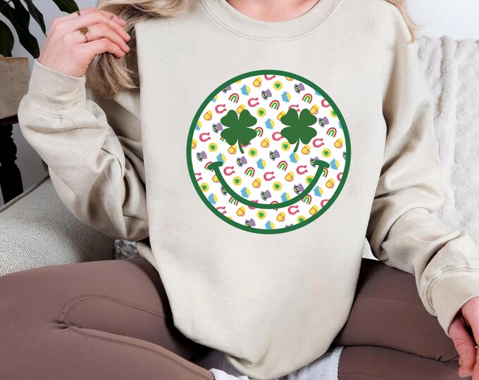 Retro Patricks Smiley Face Sweatshirt, Checkered Clover Sweater, Cute Women Patrick's T-Shirt, Happy Patricks Day, Patricks Day Gift