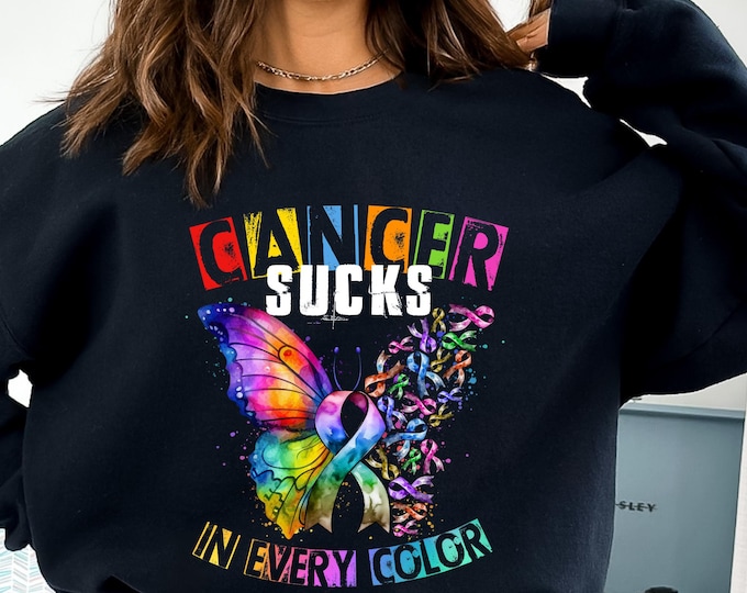 Cancer Sucks in Every Color T-shirt, Cancer Butterfly Ribbon Shirt, Cancer Awareness, Fight Cancer Tee, Cancer Survivor Gift, Warrior Tshirt