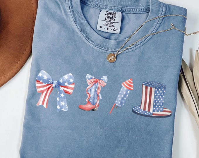 Comfort Colors® American Flag and Dainty Bow Comfort Colors T-Shirt | America T-Shirt | 4th of July Tee | Coquette | Patriotic Tee |