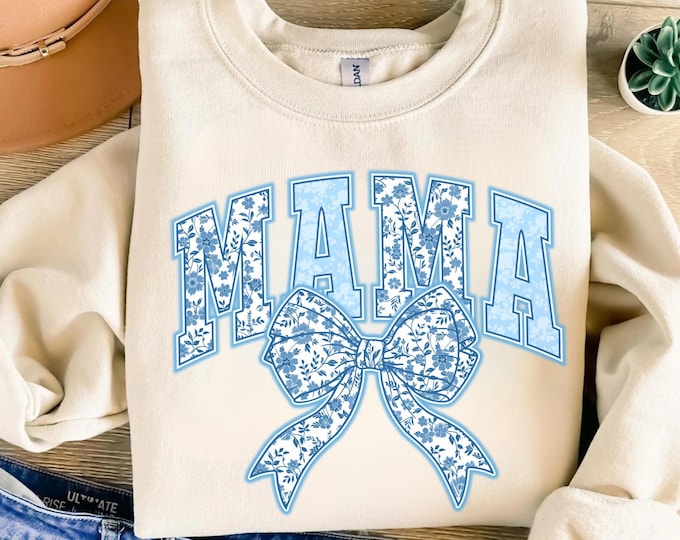 Mama Shirt, Blue Ribbon Shirt, Mothers Day Gift,Girly Aesthetic Gift For Mom,Cute Mom Shirt, Bow Shirt, Chinoiserie Shirt,Christmas Gifts