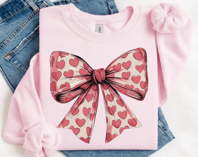 Coquette Valentine's Day Heart Bow Sweatshirt, Retro Valentine Shirt, Valentines day Bow Shirt, Coquette Bow T Shirt, Bow Valentine Gifts