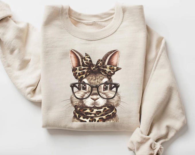 Bunny with Leopard Glasses Sweatshirt, Easter Sweatshirt, Easter Rabbit Sweater, Easter Bunny Hoodie, Easter Gift for Mom, Cute Easter Tee