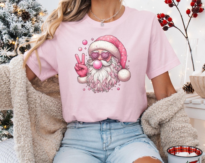 Pink Santa Retro Christmas T-Shirts Sweatshirts for Women Pink Christmas Matching Family Sweaters Pink Vintage Holiday Crewneck Group Party