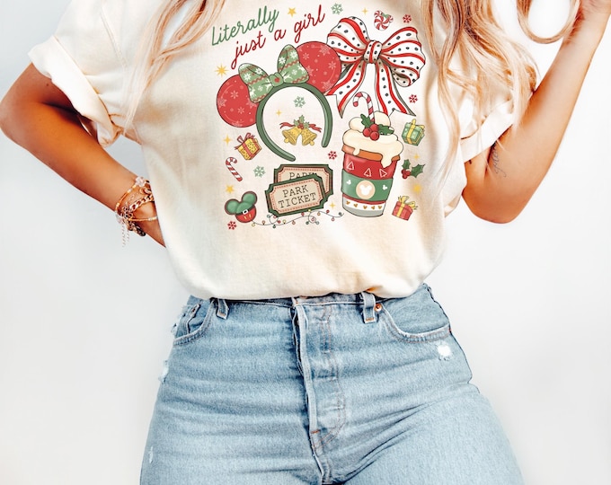 Disney Literally Just A Girl Christmas Shirt Minnie Bow Coffee Tee, Disney Merry Christmas Shirt Disneyland Christmas Tee Disney Girl's Trip