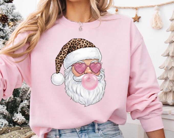 Leopard Santa Retro Christmas T-Shirts Sweatshirt for Women Pink Christmas Matching Family Sweaters Leopard Vintage Holiday Crewneck  Party