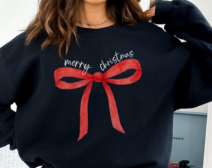 Red Bow Coquette Christmas T-Shirt, Merry Christmas Bow Sweatshirt, Merry Christmas Coquette Crewneck for Holidays Shirt, Holiday Bow Shirt