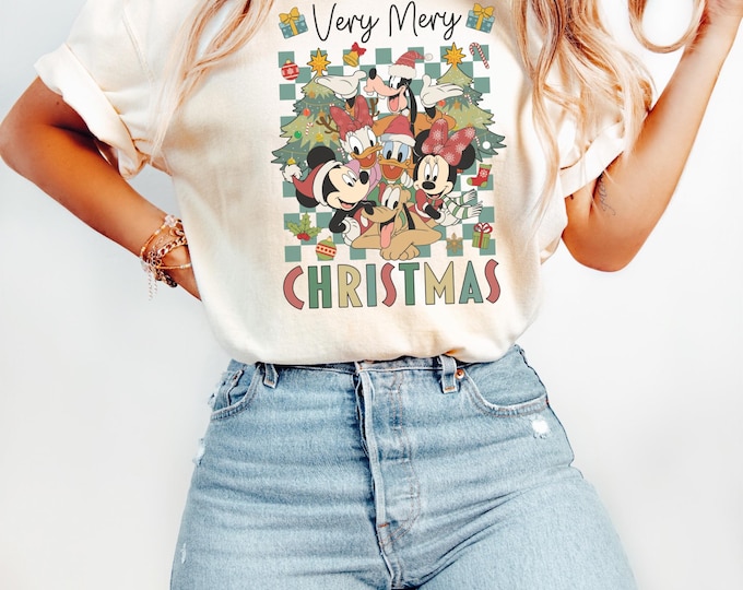 Retro Checkered Mickey & Co Christmas Shirt, Vintage Mickey and Friends Christmas Shirt, Disney Family Christmas Shirts, Christmas Group Tee