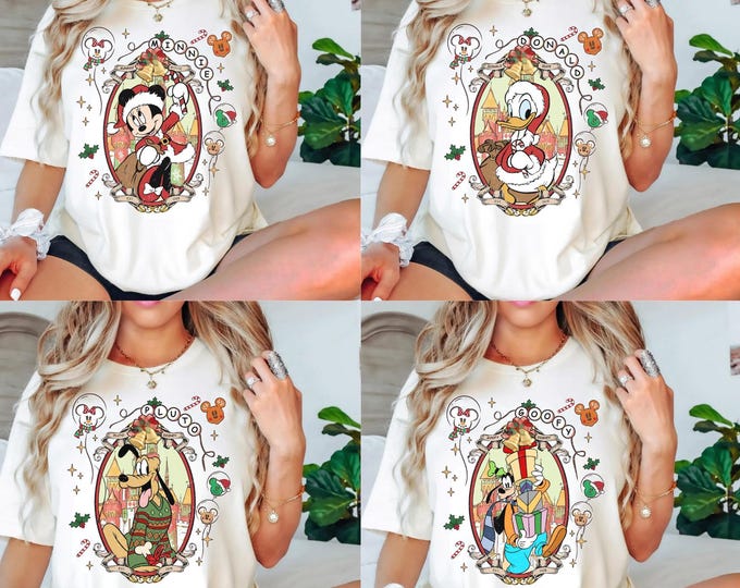 Customize All Characters Disney Magical Castle Christmas shirt, Family Pajamas Matching Tee, Mickey & Friends Disneyland Xmas Party Gifts