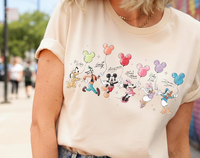 Retro Mickey and Friends Signatures Shirt, Disney Balloon Shirt, Disney Characters Tee, Disney Mouse Head Tee, Mickey & Co Gift, Disney Tee