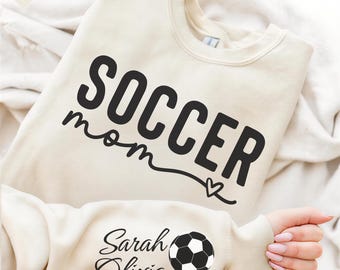 Personalize Soccer Mom Kids Name On Sleeve Sweatshirt, Mom Soccer Sweater, Soccer Mama Shirt, Gift for Soccer Mom, Fall Soccer Season Shirt