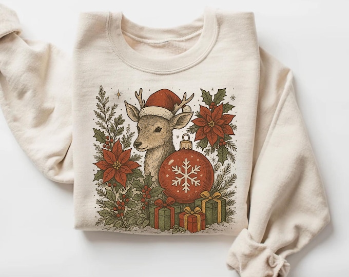 Vintage Floral Reindeer Sweatshirt,Cute Christmas shirt,Retro Reindeer Sweatshirt, Merry Christmas Sweatshirt, Christmas Reindeer Sweatshirt