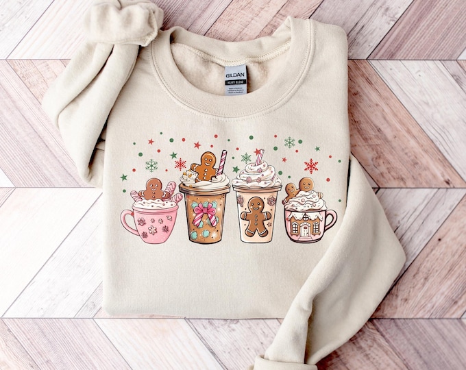 Gingerbread Christmas Coffee Shirt, Christmas coffee Sweatshirt, women Holiday sweater, Xmas Tee, Coffee Lover gift, Latte drink Crewneck