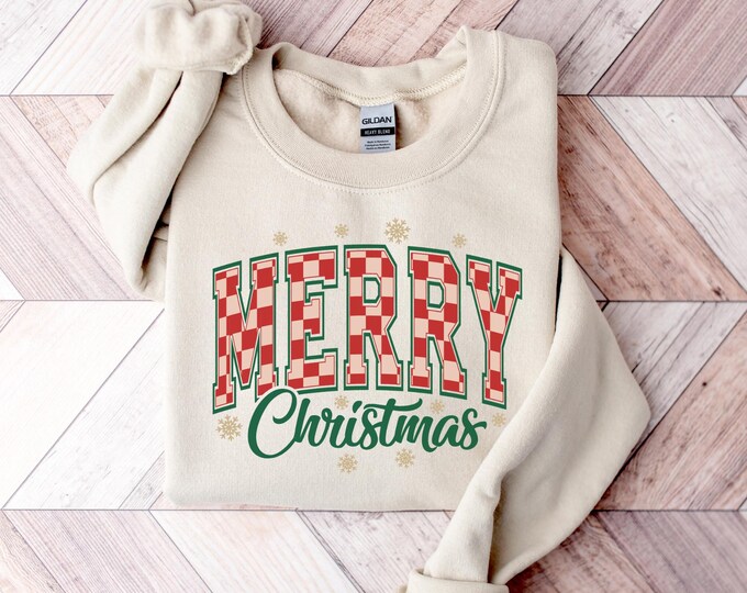 Merry Christmas Sweatshirt, Buffalo Plaid Sweater, Christmas Family crewneck, Xmas Gift Idea, Woman Xmas Shirt, Cute Winter Holiday Sweater