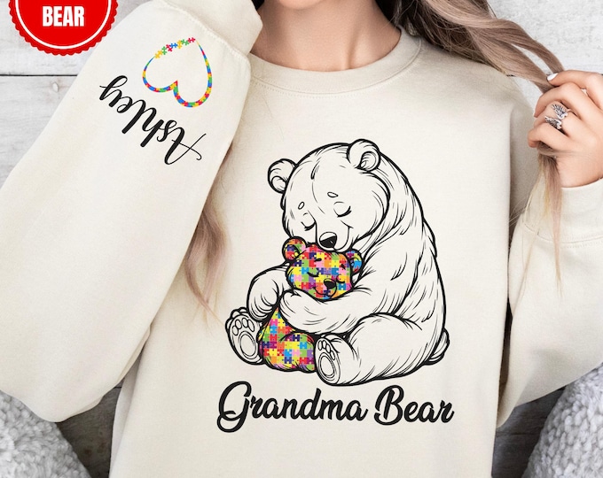 Custom Autism Grandma Bear Shirt,Autism Puzzle Hand Shirt,Autism Support Family Matching Tee,Autism Awareness Shirt For Grandma,Autism Gift