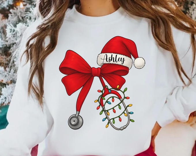 Custom Christmas Nurse Shirt,Nurse Christmas Sweatshirt,Christmas Nurse Coquette Bow Long Sleeve,Nicu Christmas Hoodie,Christmas Nurse Gift