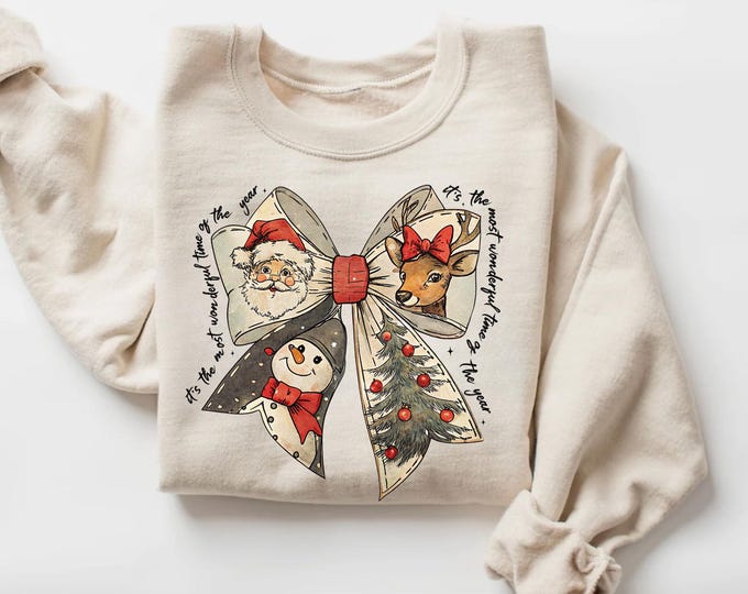 Vintage Retro Santa Christmas Shirt, Cute Snowman & Reindeer with Coquette Bow – Perfect Holiday Gift, Most Wonderful Time of the Year
