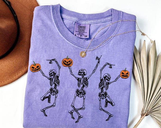 Comfort Colors® Dancing Skeleton Pumpkin Shirt, Retro Halloween Women's Shirt, Funny Fall Halloween Party Shirt, Spooky Season Skeleton Tee