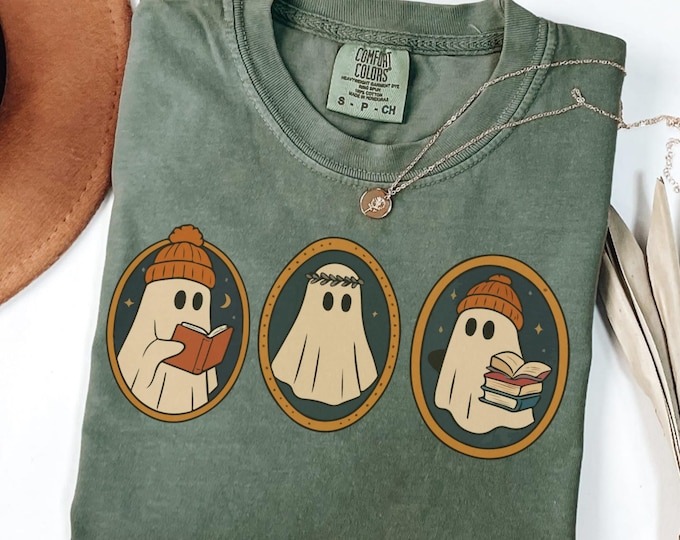 Comfort Colors® Cute Ghost Reading Book Halloween Tshirt, Ghost Reading Book Girly Shirt, Ghost Girly Halloween Gift, Trendy Halloween Gift