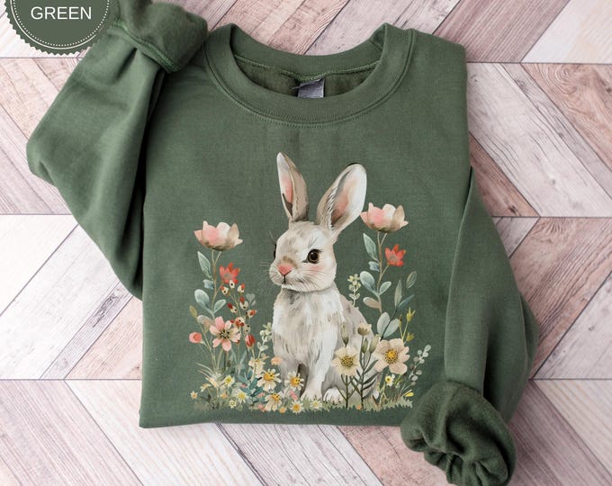Easter Flowers Bunny Sweatshirt, Cute Bunny Sweatshirt, Rabbit Tee, Happy Easter Day Gift, Coquette Easter Shirt,Cute Easter Sweatshirt