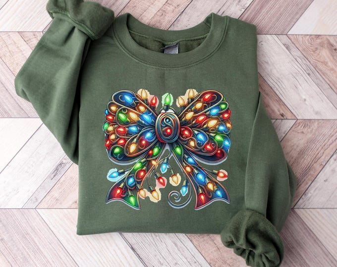 Christmas Lights Coquette Bow Sweatshirt, Christmas Shirt, Christmas Light Sweatshirt, Funny Christmas Sweatshirt