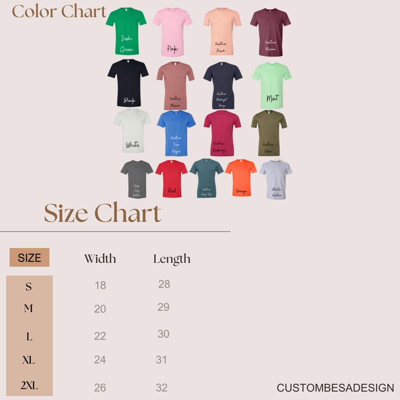 May include: A t-shirt colour chart and size guide. The colour chart shows various t-shirt colours, including green, pink, black, white, and others. The size chart shows sizes S to 2XL, with width and length measurements in inches.