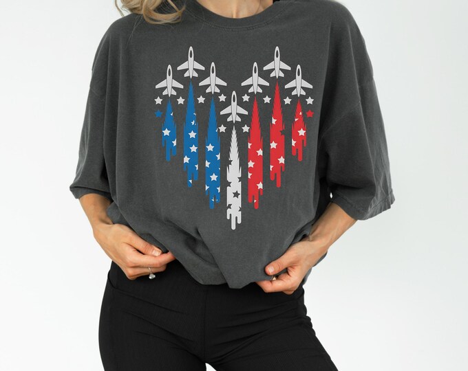 Patriotic Jet Heart Shirt – Military USA Graphic Tee, 4th of July Shirt, American Pride Top, Red White Blue Veteran Tee