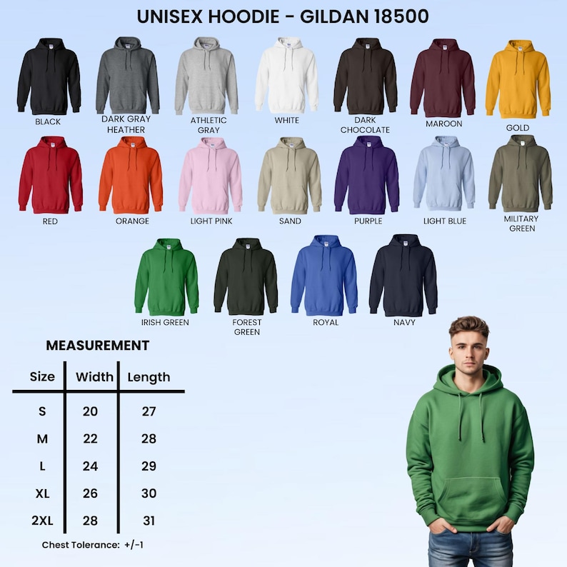 May include: A Gildan 18500 unisex hoodie color chart displaying 17 available shades including black, gray, white, red, orange, pink, sand, purple, blue, and green. A measurement table lists sizes S to 2XL with width and length in inches.