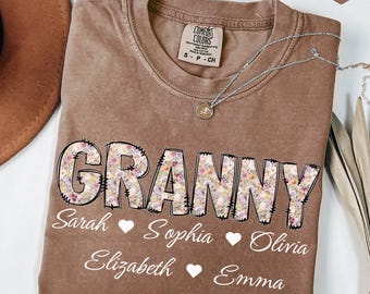 Camiseta personalizada para a vovó com os nomes dos netos, camiseta floral para a vovó, presentes para a vovó, camiseta para o Dia das Mães, camiseta personalizada para a vovó com os nomes dos netos, camiseta para a vovó