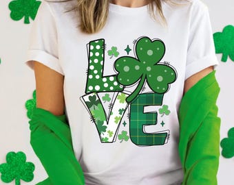 J'aime la chemise de la Saint-Patrick, jolie chemise de la Saint-Patrick, chemise shamrock, chemise verte de Patrick, chemise Love With Shamrock, chemise irlandaise