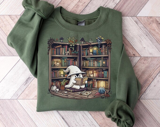 Halloween Ghost Book Reading Sweatshirt, Retro Bookish Halloween Sweater, Boo Ghost School Shirt, Spooky Season Pullover, Fall Gifts, gigi