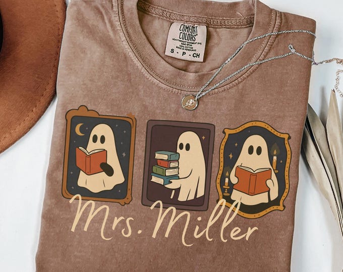 Personalized cute teacher ghost Comfort Colors bow shirt, Halloween teacher shirt, Funny teacher shirt for fall