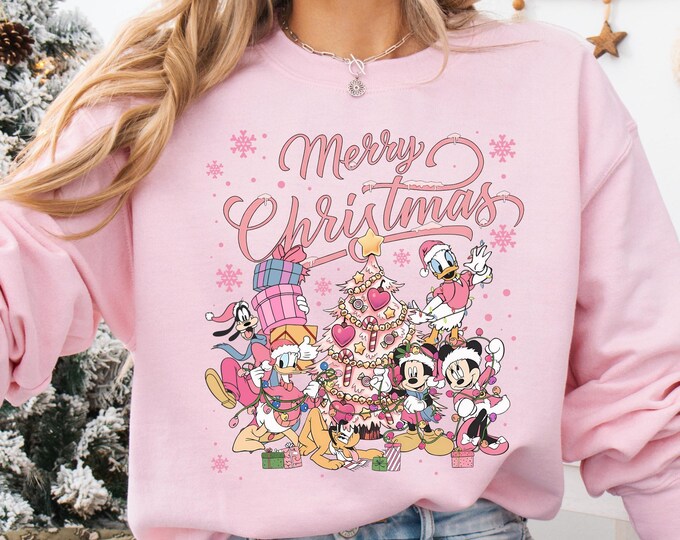 Mickey and Friends Xmas T-shirt, Disney Pink Christmas Shirt, Minnie Winter Holiday Sweatshirt, Goofy Dog Xmas Tee, Disney Xmas Tree Hoodie