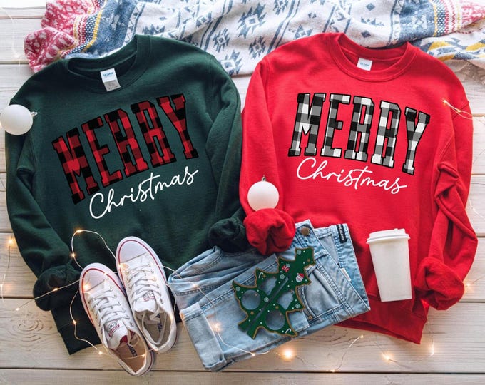 Merry Christmas Sweatshirt, Buffalo Plaid Sweater, Christmas Family crewneck, Xmas Gift Idea, Woman Xmas Shirt, Cute Winter Holiday Sweater