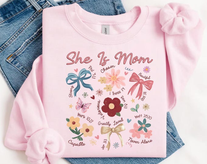 She Is Mom Shirt,Coquette Praying Mama Shirts,Religious Mom Sweatshirt,Floral Mother's Day T-Shirt,Blessed Christmas GiftsBible Verse Shirts
