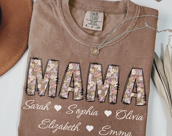 Camiseta de mamá con colores cómodos, camiseta personalizada para mamá, camiseta floral para mamá con nombres de niños, camiseta para mamá, regalo personalizado para mamá, regalos de Navidad para mamá.