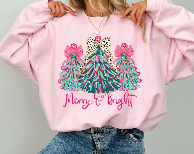 Christmas Shirt Merry & Bright Xmas Tree Tee Pink Holiday Festive Bow Lights Tshirt Cute Jolly Tee Merry Christmas Tshirt,Christmas Gift