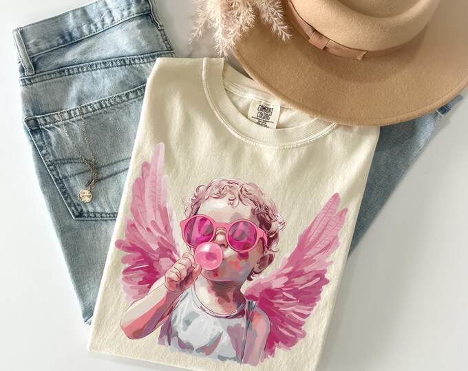 Comfort Colors® Valentine Shirt, Blowing Bubble Cupid Shirt, Valentines Day Shirt for Women, Girlfriend Shirt, Valentine Day T-Shirt
