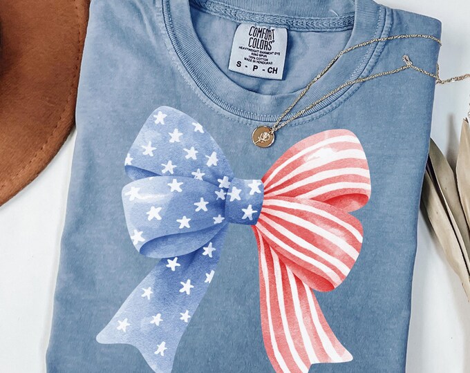 Comfort Colors® 4th of July Shirt, Coquette American Flag Shirt, USA Bow Shirt, 4th of July Tee, Women's Patriotic Shirt, Red White and Blue