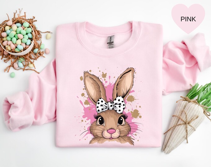 Coquette Bow Bunny Ears Shirt, Cute Bunny Sweatshirt, Rabbit Tee, Happy Easter Day Gift, Coquette Easter, Cute Easter Shirt